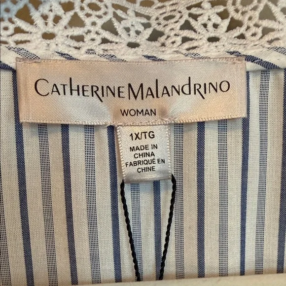 Catherine Malandrino Size 1X Cottagecore Blue and White Striped Blouse with Lace - Picture 2 of 10